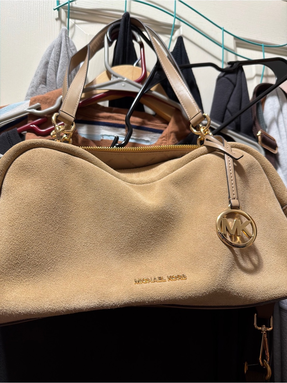 Michael Kors Tan Suede Shoulder Bag with Gold MK Charm